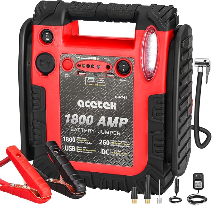 1800 Amp Jump Starter with Air Compressor, acetek Car Battery Jump Starter 260 PSI Tire Inflator, 20000mAh 12V Auto Lead-Acid Battery Booster (Up to 6L Gas or 6L Diesel Engine) with LED Light & USB