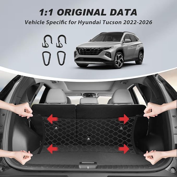 Karltys Envelope Style Cargo Net for Hyundai Tucson 2026 2025 2024 2023 2022 Accessories, Adjustable Elastic Rear Trunk Cargo Net, Heavy Duty Nylon Mesh Storage Netting Organizer