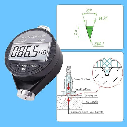 Shore D Hardness Tester Meter Portable 0-100HD Digital Durometer D for Rubber, Tire, Plastic, Thermal Plastic, Flooring, Bowling Ball with Large LCD Display