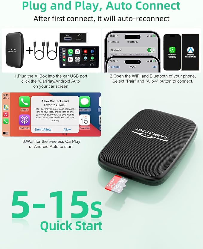 6-in-1 Wireless Carplay Adapter with Netflix YouTube TF Card, Android Auto Wireless Adapter and CarPlay, Plug & Play, Easy Setup, Magic Video Ai Box for OEM Wired Apple Car Play Cars & iPhone