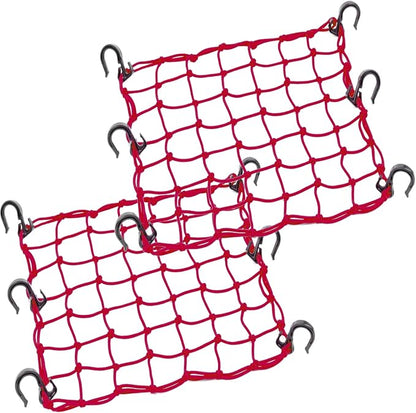 Small Cargo Net 15"x15" Stretches to 30"x30" with Thicken Hooks | Natural Latex Core, Tight 2”x2” Mesh Heavy Duty Bungee Net for Motorcycle Helmet, Bike, ATV, UTV, Luggage (Red, 2 Pack)