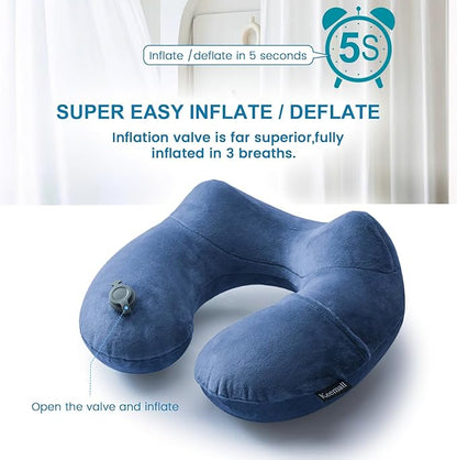 Keemall Inflatable Neck Pillow Airplane, Comfortable Inflatable Travel Neck Pillows for Airplanes Traveling on Plane, Soft Plush Cover Head Neck Rest Sleeping Long Flight for Car Train Office Home