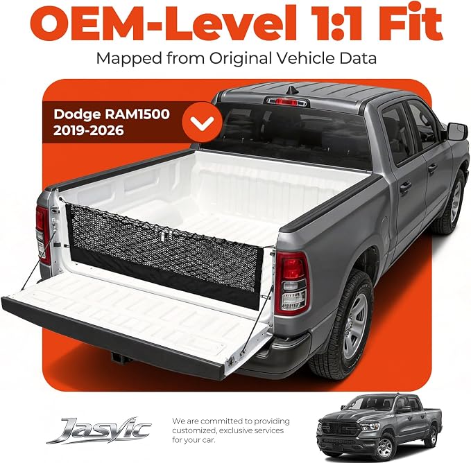 3-Layer Cargo Net for Dodge RAM1500 2019-2026, Zoned Storage Truck Bed Net with Foldable Zippered Bottom Bag, Heavy-Duty Cargo Organizer Netting for Camping, Trips & Everyday Use