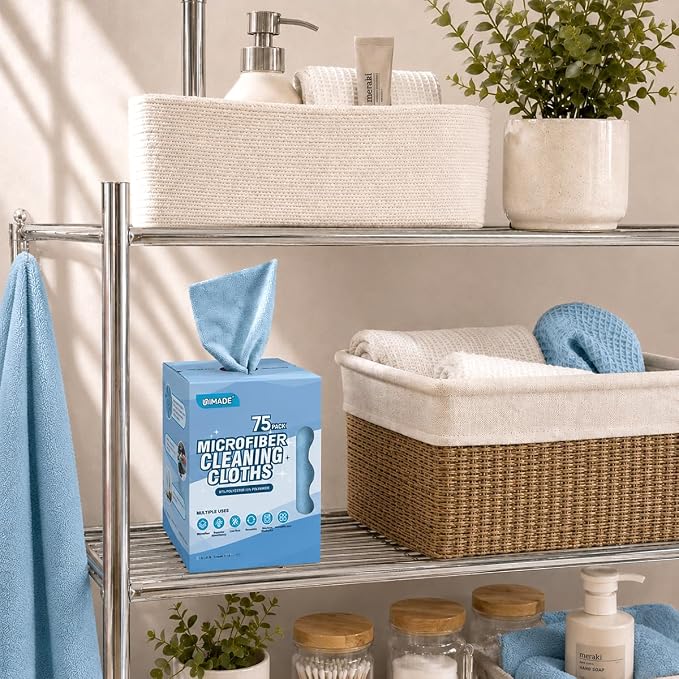 UNIMADE Microfiber Cleaning Cloth, 75 Sheets Microfiber Towels for Cars Commercial Grade Washcloths Lint-Free Bulk Shop Towel Cleaning Rags for Household Restaurant Garage Housekeeping, 11"x 9", Blue