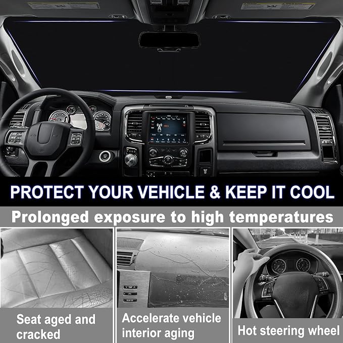 Windshield Sun Shade for 2009-2018 Dodge RAM 1500 Foldable Front Window Shade 310T Thickened Protect from Sun Rays & Heat Damage Fully Covered to Keep Cool