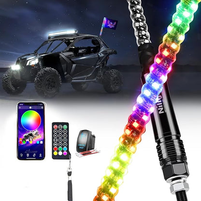 Nilight RGB Whip Light 1PC 3FT Lighted Antenna Whips with Remote & App Control DIY Chasing Patterns Brake Reverse Lights for ATV UTV Polaris RZR Can-am Dune Buggy Pickup Trucks Jeep