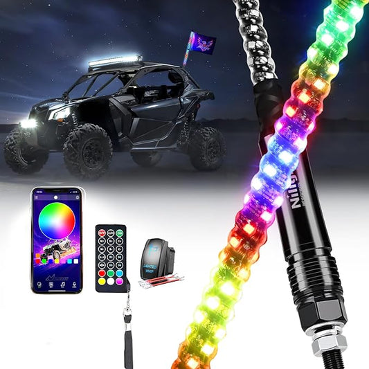 Nilight RGB Whip Light 1PC 3FT Lighted Antenna Whips with Remote & App Control DIY Chasing Patterns Brake Reverse Lights for ATV UTV Polaris RZR Can-am Dune Buggy Pickup Trucks Jeep