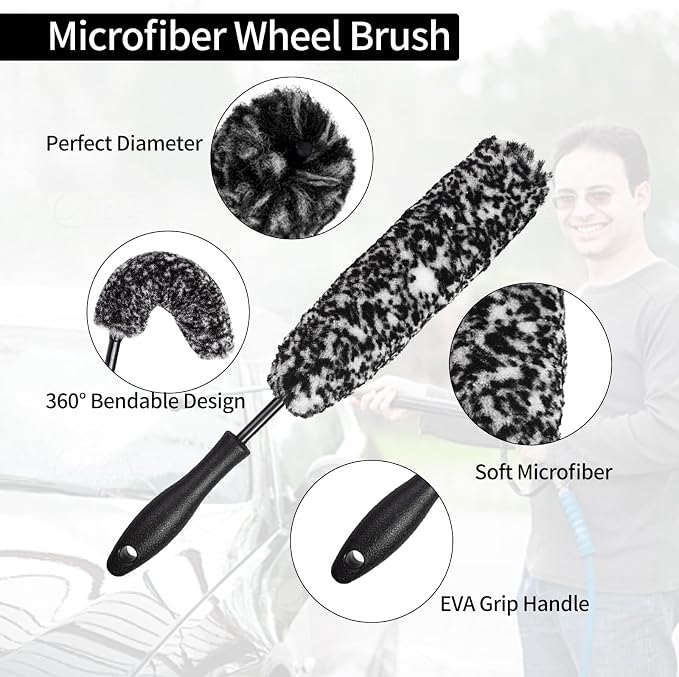 Bendable Wheel Brush Kits Soft Microfiber Wheel Cleaner Brush Synthetic Woolies No-Scratch Wheel Cleaning Brush Car Detailing Rim Tire Brush