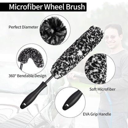 Bendable Wheel Brush Kits Soft Microfiber Wheel Cleaner Brush Synthetic Woolies No-Scratch Wheel Cleaning Brush Car Detailing Rim Tire Brush