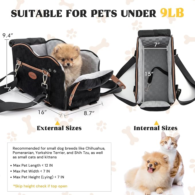 Woochpet Small Dog Car Seat, Auto Booster for Pet Travel, Portable Carrier Bed with Safety Leash Up to 9 lbs
