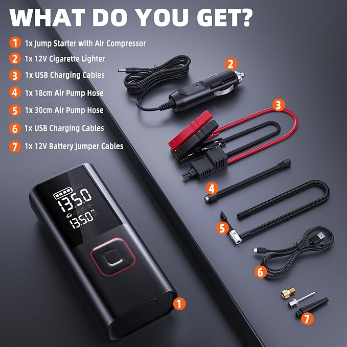 Jump Starter with Air Compressor, 5000A Battery Jumper Starter Portable (9L Gas/8L Diesel) with 160PSI Auto-Shutoff Tire Inflator, 12V Jump Box Car Battery Jump Starter with Jumper Cables, LED Light