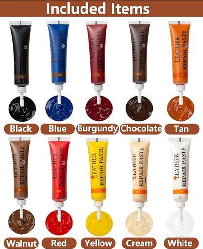 Leather Repair Kit for Furniture - 10 Color Vinyl Repair Kit for Sofa/Jacket/Car Seats/Purse/Shoes/Couch - Fix Scratches/Tears/Holes/Peeling on Bonded/Pleather/Genuine