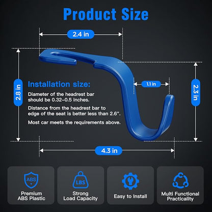 Amooca Car Seat Headrest Hook 4 Pack Hanger Universal Vehicle Car Storage Organizer for Handbag Purse Coat S Type Blue