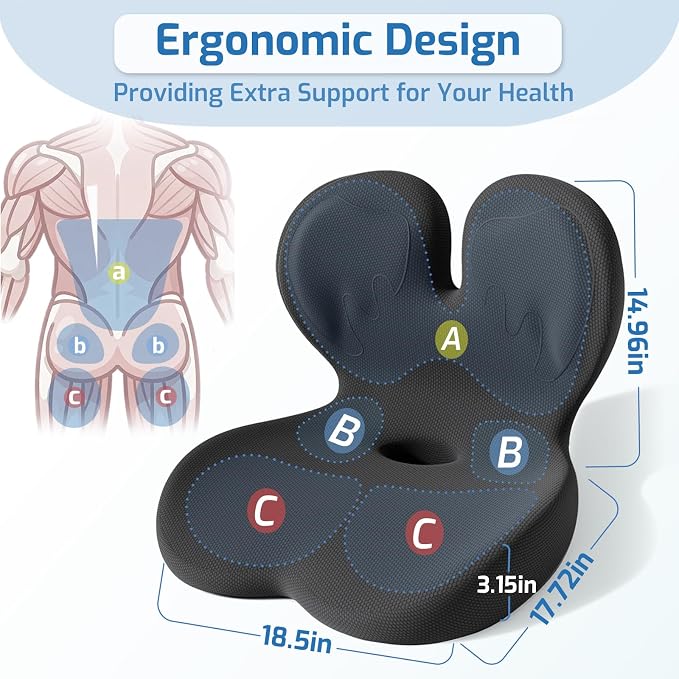 Seat Cushion,Office Chair Cushion with Lumbar Support,Memory Foam Car Orthopedic Cushion,Ergonomic Designed for Long Sitting,Tailbone & Back Pain Relief,Sciatica Pillow for Office,Car,Home Chair