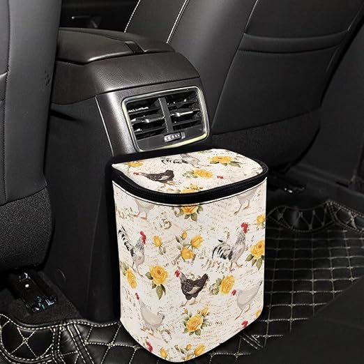 Talayituse Rooster Chicken Print Car Trash Can, Rose Letter Portable Auto Garbage Bin Valentine's Day Decor Multifunctional Vehicle Interior Accessories with Adjustable Straps Universal Fit SUV Sedan