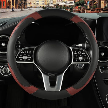 Microfiber Leather Steering Wheel Cover, Breathable, Anti Slip, Universal 15 inch, Black with Burgundy