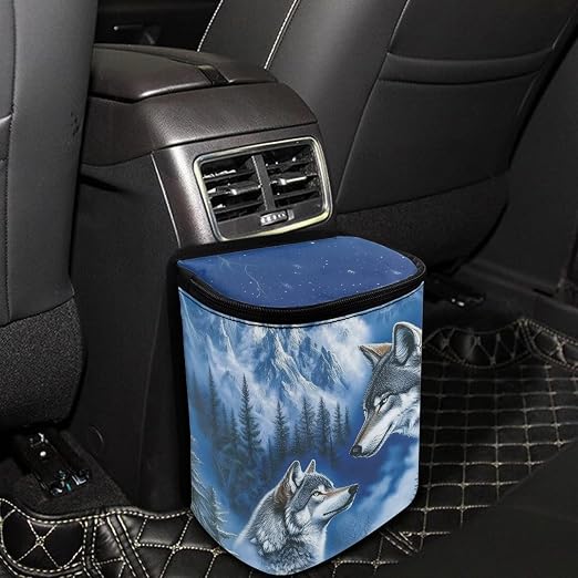 Talayituse Wolf Mountain Print Car Trash Can with Lid, Leak Proof Auto Trash Bag Hanging Vehicle Garbage Can Multipurpose Storage Container for Back Seat Road Trip