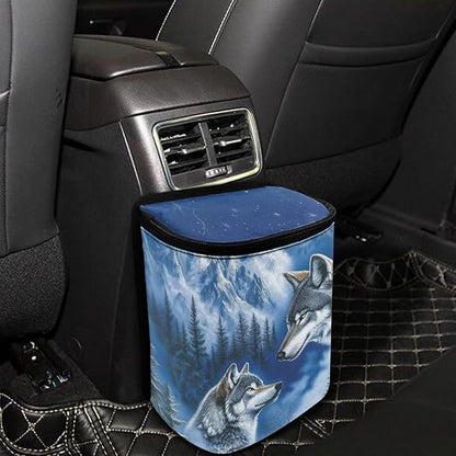 Talayituse Wolf Mountain Print Car Trash Can with Lid, Leak Proof Auto Trash Bag Hanging Vehicle Garbage Can Multipurpose Storage Container for Back Seat Road Trip