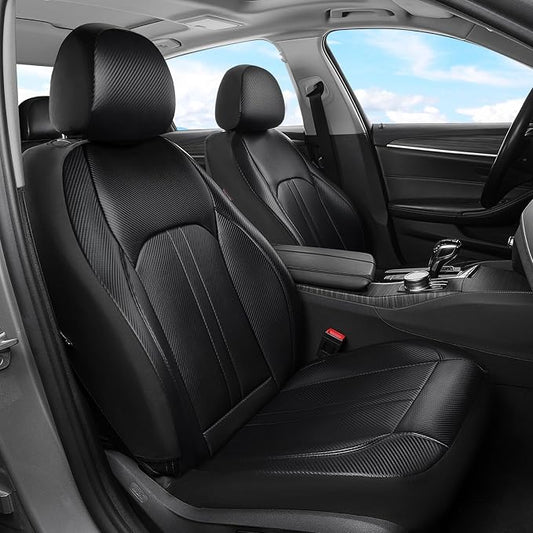 Coverado Leather Car Seat Covers Front Seats & Carbon Fiber, Waterproof and Durable All Weather Protector, Universal Fit for SUV, Pickup Truck, Sedan, Automotive Vehicle Interior （Black）