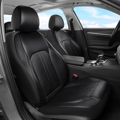 Coverado Leather Car Seat Covers Full Set & Carbon Fiber, Waterproof and Durable All Weather Protector, Universal Fit for SUV, Pickup Truck, Sedan, Automotive Vehicle Interior, Black