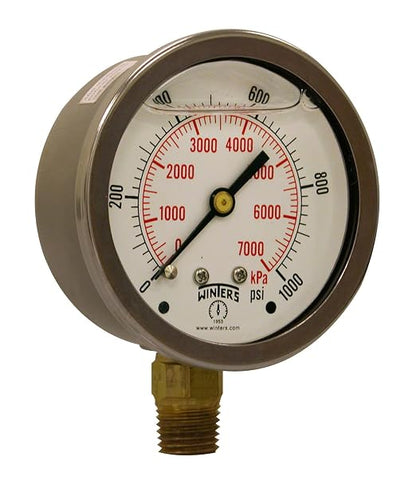 Winters 2-1/2" Dial Size, Liquid Filled Industrial Pressure Gauge, Brass Internals, 304 Stainless Steel Case, Single Scale 0-1,000 psi, 1.5% Acc, 1/4" NPT Bottom Mount, Glycerin Filled Pressure Gauge