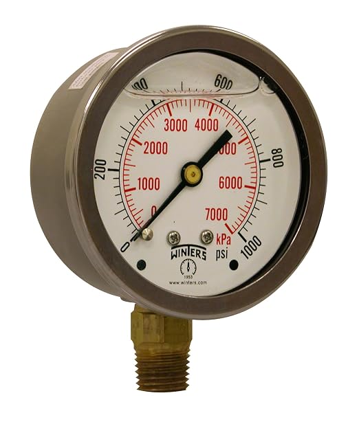 Winters 2-1/2" Dial Size, Liquid Filled Industrial Pressure Gauge, Brass Internals, 304 Stainless Steel Case, Single Scale 0-1,000 psi, 1.5% Acc, 1/4" NPT Bottom Mount, Glycerin Filled Pressure Gauge