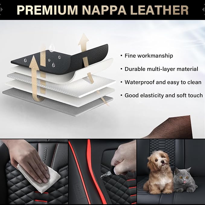 Coverado Car Seat Covers, Front Seat Cover, Waterproof Nappa Leather Seat Covers for Cars, 2 Pack Car Seat Protectors, Driver Seat Cover, Automotive Seat Covers Universal Fit for Most Cars, Black&Red