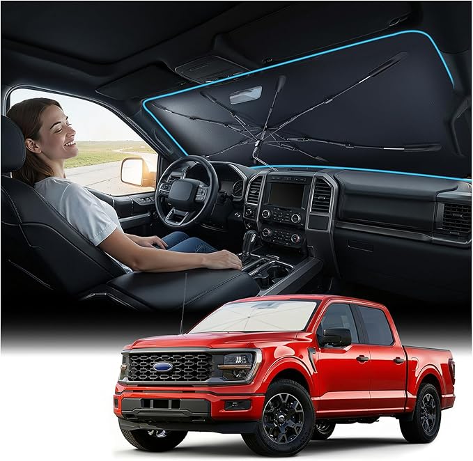 Nmoiss Windshield Sun Shade Umbrella for Ford F150 F250 F350 & Explorer - [Vinyl Coating Heat Shield] Protect Car from Sun Rays & Heat Damage Keep Cool and Protect Interior, Spring Structure Edge