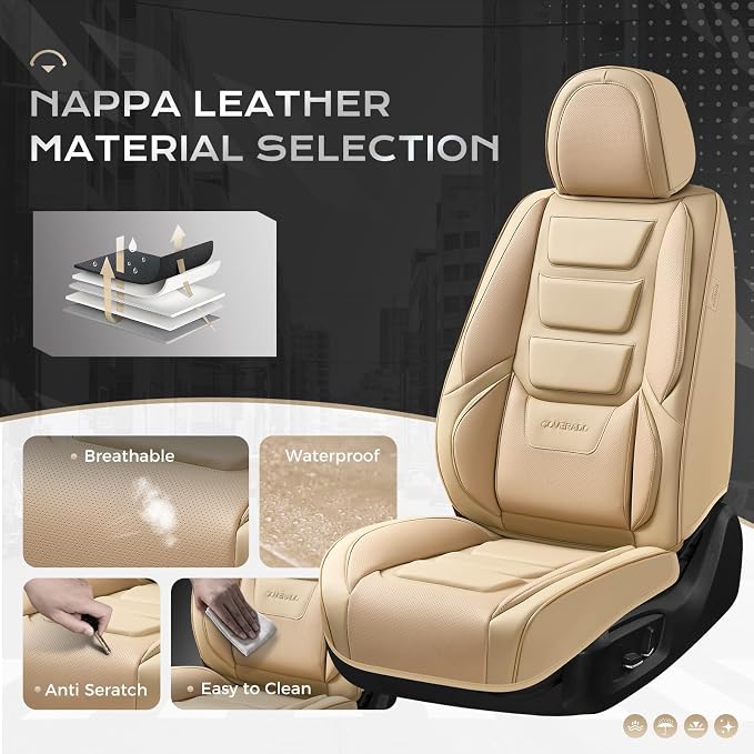 Coverado Car Seat Covers Full Set, Seat Covers for Cars, Front Seat Covers and Back Seat Cover Waterproof Leather Automotive Seat Cover, Universal Car Interior Protectors Cushion for Most Cars Beige