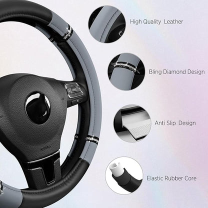 Road Comfort Leather Steering Wheel Cover – Premium Anti-Slip Car Steering Wheel Grip Cover – Universal Fit for 14.5”–15” Cars, Trucks & SUVs - Gray