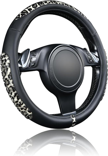 Flying Banner car Steering Wheel Cover Gel Massage Velvet Cool Warm Universal Size 15 inches SUV Truck Anti Slip Odorless Summer Winter (Black Gray Leopard Print, Gel Massage)