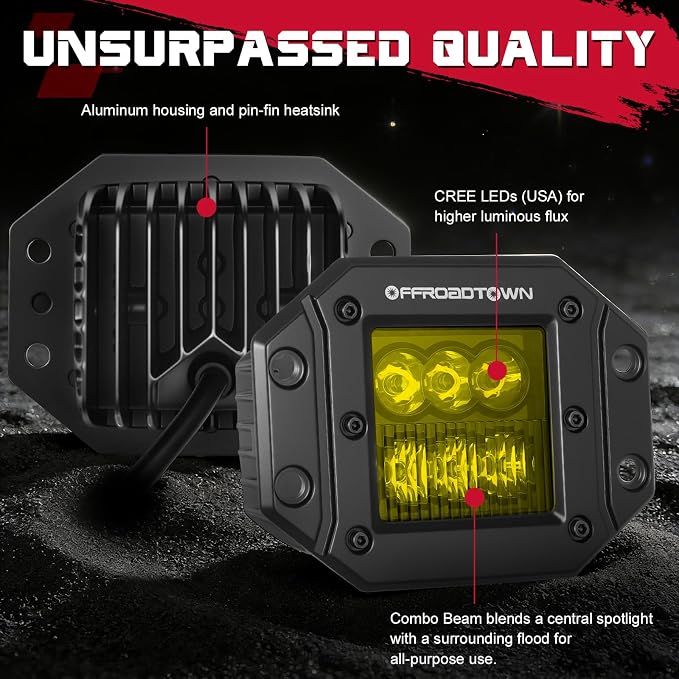Flush Mount LED Pods Amber, OFFROADTOWN 5'' 12,000LM CREE LED Driving Lights Yellow Fog Light Backup Reverse Chase Lights Off Road Flush Bumper Light Bar for Truck Pickup UTV ATV Boat 4x4 Car - Combo