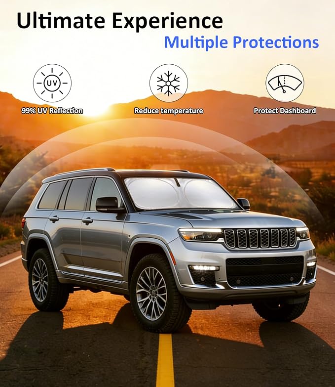 Windshield Sun Shade for Jeep Grand Cherokee 2022-2025, Car Front Window Sunshade with 240T Sun Visor Protector Blocks UV Rays Heat Sun Shield Accessories