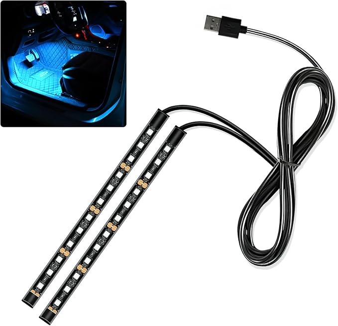 Car LED Strip Light, 12V 24 LED Interior Atmosphere Lights Under Dash Ambient Night Light, Universal Auto Interior Decorative Lamp with USB Port, Truck SUV Car Accessories (Ice Blue, USB)