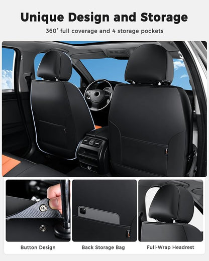 Huidasource Seat Covers Full Set, Universal Fit for Most Cars SUV Trucks, Full Coverage Leather Seat Cover, Airbag, Cupholder Compatible, Seat Function Retain, Easy Install with Velcro, Black&Orange