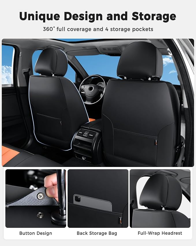 Huidasource Front Seat Covers, Universal Fit for Most Cars SUV Trucks, Full Coverage Leather Seat Cover, Airbag Compatble, Seat Function Retain, Storage Pocket Design, Easy to Install, Black & Orange