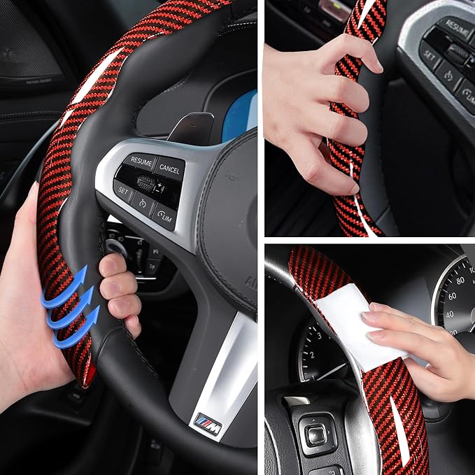 Car Steering Wheel Cover Set Bright Carbon Fiber Wrap Non-Slip 3pcs Steering Wheel Accessories 14.5-15 inch Universal (Red)
