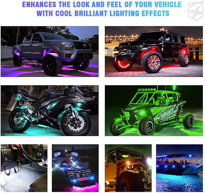 Xprite Jeep Rock Lights 10 Pods Wide Angle Bluetooth RGB LED Rocklights Kit, Multicolor Neon Lighting Footwell Underglow Kits w/Wireless Remote, Compatible Off-Road Trucks Cars UTV ATV SUV RZR