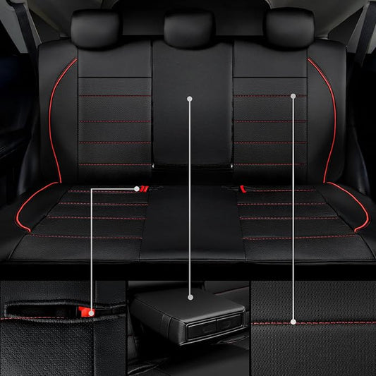 CAR PASS Leather Back Seat Cover,Piping Waterproof Bench Seat Cover, Rear Seat Cover Universal Fit for Cars Sedans SUVs Truck 95% Automotive Interior Backseat Car Covers (Rear,Black and Red)
