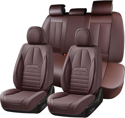 Car Seat Covers Full Set, Brown Seat Covers for Cars, Automotive Seat Covers, Waterproof Nappa Leather Front Seats and Back Car Seat Protector, Universal Fit for Most Cars SUV Trucks