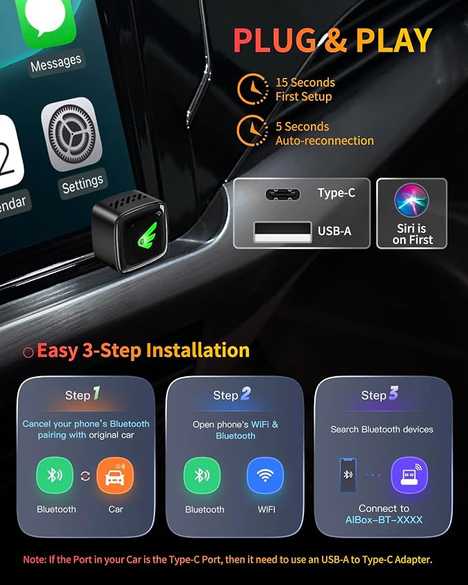 Wireless CarPlay Adapter for iPhone (iOS 10+) & Android Auto Converter (Android 11+), Plug & Play Dongle for Cars 2016+, Wired to Wireless