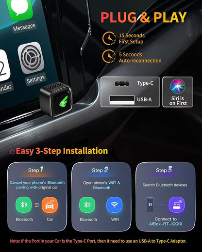Wireless CarPlay Adapter for iPhone (iOS 10+) & Android Auto Converter (Android 11+), Plug & Play Dongle for Cars 2016+, Wired to Wireless