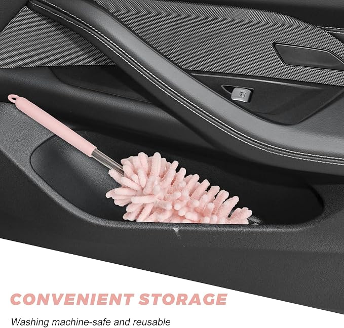 2PCS Car Interior Duster with Extension Pole, 11.8 to 30.5 Inch Retractable Dusters Washable Car Interior Cleaning Brush, Soft Scratch-Free Chenille Auto Dash Vent Window Duster (Light Pink)