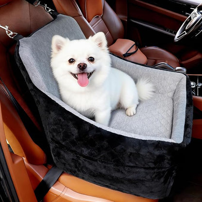 Dog Car Seat for Small/Medium Dogs Under 30lbs, Double-Sided Cooling & Warm Booster Seat, Detachable & Washable Elevated Pet Bed with Pockets, Anti-Slip Base for Front & Back Seats with Safety Leash