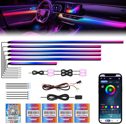 Dreamcolor Acrylic Car Interior Lights 18 in 1 RGB Car Ambient Lighting Kit APP Control Zoned Control System 252 Color Modes DIY 16 Million Colors Music Sound Active Neon Light Kits New Version