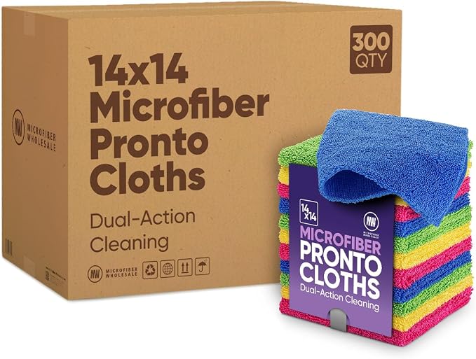 Microfiber Wholesale Pronto Cloths, Dual-Sided Microfiber Cleaning Towels, Soft Plush & Scrub Cloths for Dusting, Scrubbing, Kitchen, Windows & Car Detailing, Absorbent Bulk 300-Pack Multicolor