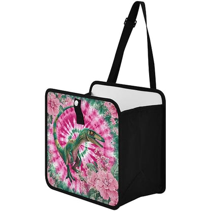 Car Trash Can Organizer Bin with Adjustable Strap for Back Front Seat Console Waterproof Leakproof Collapsible Portable 8.66 Inch Tie Dye Dinosaur Pink Green