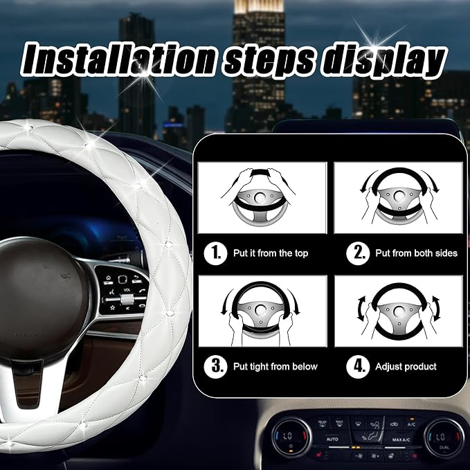SuperKaKa Steering Wheel Cover, Auto Cute PU Diamond Bling Breathable Soft Comfort Leather Car Interior Accessories Sparkly Fit Most O-Shaped Steering Wheels for Women Men (White)
