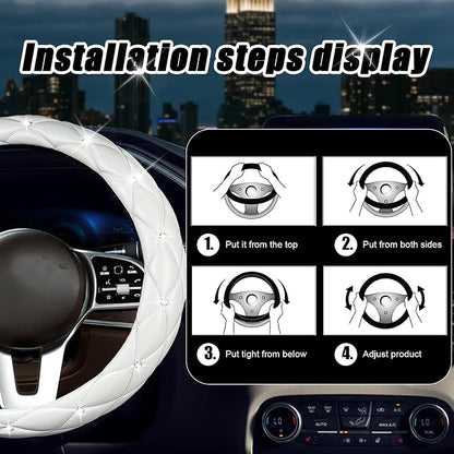 SuperKaKa Steering Wheel Cover, Auto Cute PU Diamond Bling Breathable Soft Comfort Leather Car Interior Accessories Sparkly Fit Most O-Shaped Steering Wheels for Women Men (White)