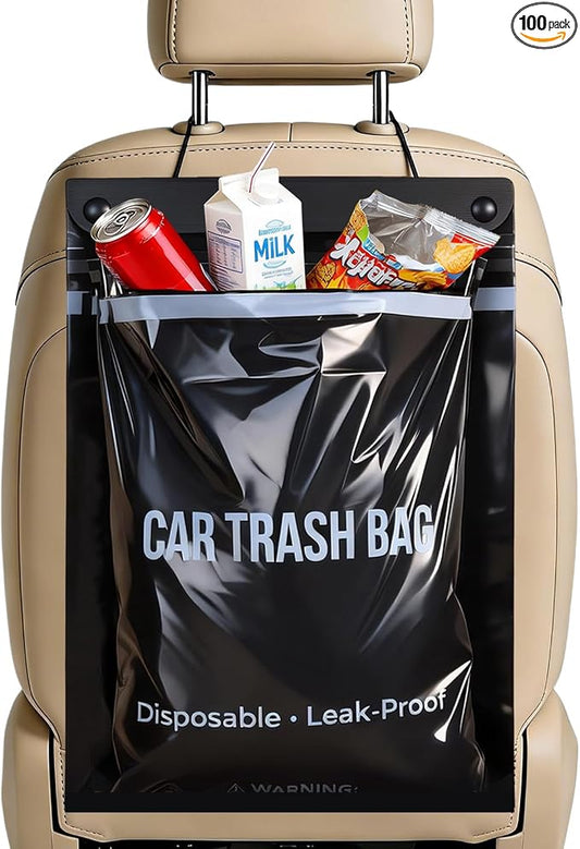 100 Count Recycled Disposable Car Trash Bags - 2.5 Gallon Heavy Duty Alternative to Bulky Car Trash Can & Car Garbage Can, Leakproof Smellproof Hanging & Stick-On Garbage Bag for Car, SUV, Truck